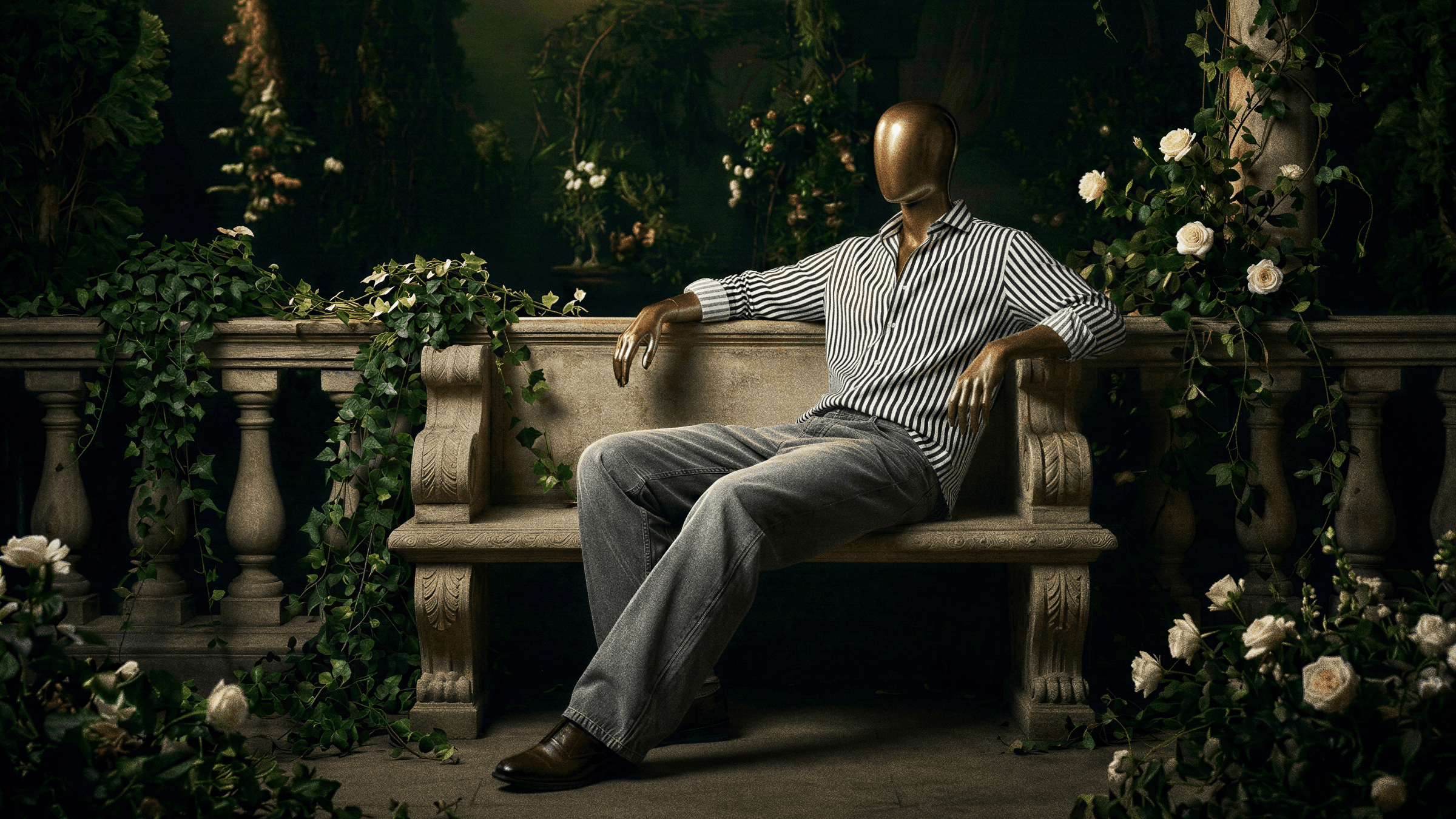 Model wearing striped shirt seated on a stone bench surrounded by greenery and white roses