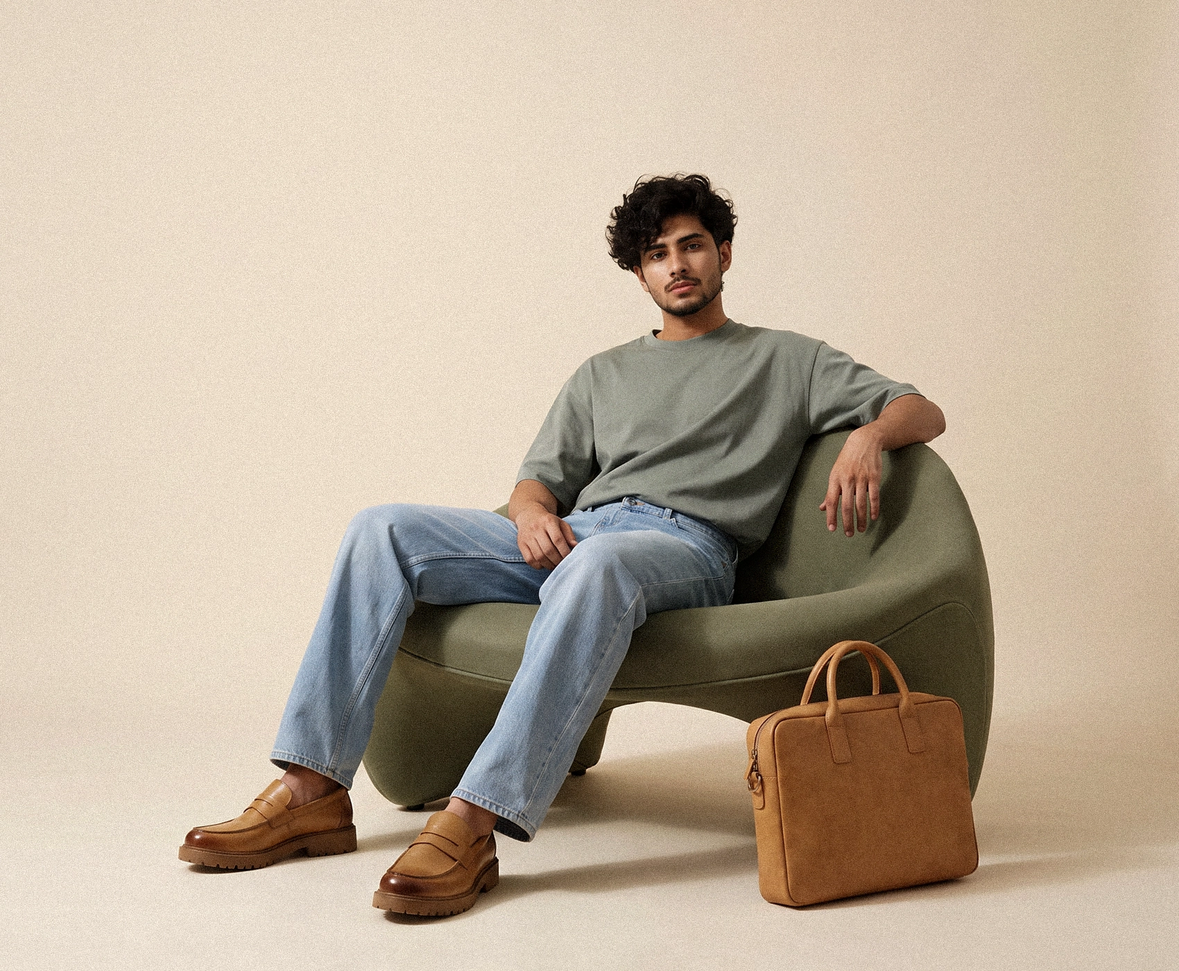 Model seated in an olive lounge chair wearing a relaxed sage tee, light denim and tan loafers
